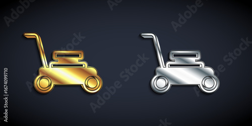 Gold and silver Lawn mower icon isolated on black background. Lawn mower cutting grass. Long shadow style. Vector