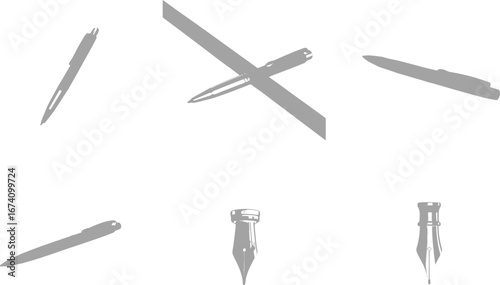Gray Pens and Fountain Pen Nibs on White Background