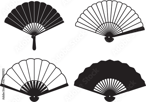 Four traditional asian folding fans in silhouette isolated on white background
