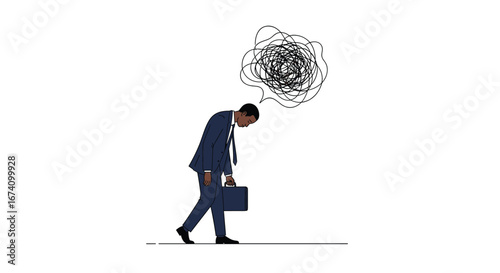Overwhelmed businessman struggling with mental fog and feeling exhausted at work struggling to keep up with tasks