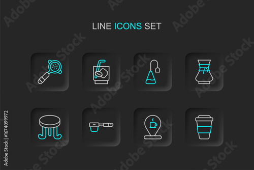 Set line Coffee cup to go, Location with coffee, filter holder, table, Pour over maker, Tea bag, Espresso tonic and icon. Vector