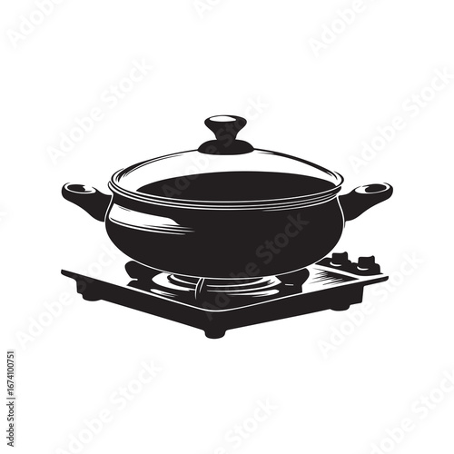 Black and White of Cooking Pot with Lid on Stove Top