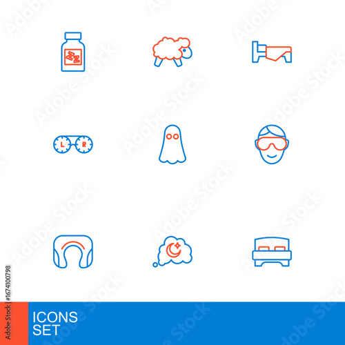 Set line Big bed, Dreams, Travel neck pillow, Eye sleep mask, Contact lens container, Ghost, Bed and Sheep icon. Vector