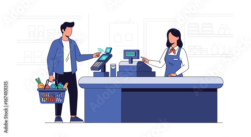 Customer paying for groceries at checkout counter with cashier assisting with friendly service