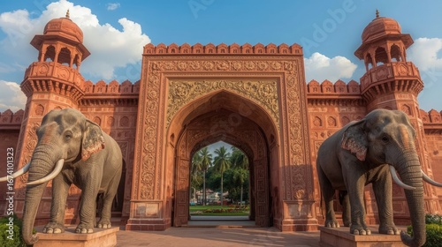 Majestic elephants guard ornate Indian palace entrance with vibrant architecture under a bright blue sky