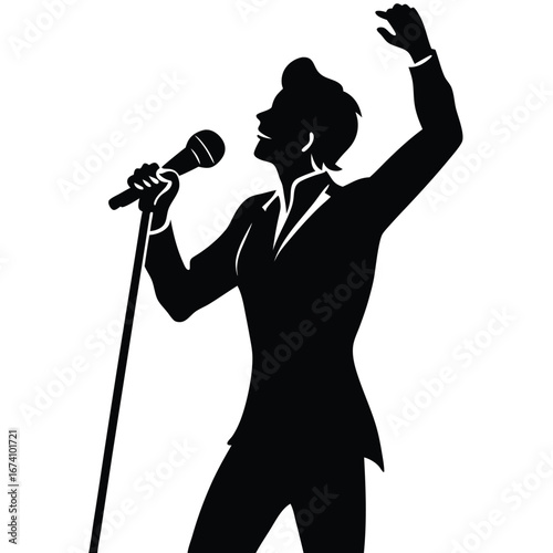 Black silhouette of a singer with microphone on white background