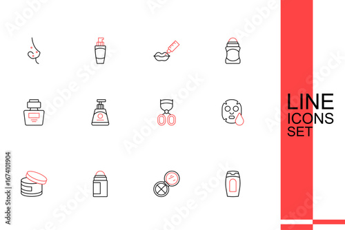 Set line Bottle of shampoo, Makeup powder with mirror, Deodorant roll, Cream lotion cosmetic tube, Facial mask, Eyelash curler, and Perfume icon. Vector