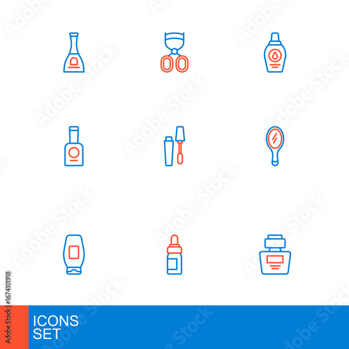 Set line Perfume, Essential oil bottle, Bottle of shampoo, Hand mirror, nail polish, Mascara brush, and Eyelash curler icon. Vector