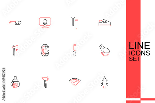 Set line Tree, Wooden beam, axe, Grapple crane grabbed log, Electric circular saw, Chisel tool, rings and icon. Vector