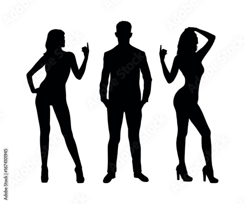 A man in suit standing with two beautiful sexy girls model black silhouette on white background.