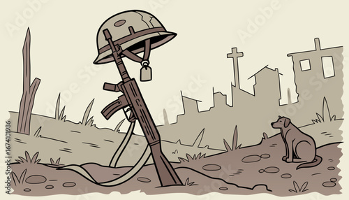 A lone soldier's worn and weathered helmet placed on top of a rifle stuck in the ground, the rifle's bayonet dug deep into the earth, amidst a desolate and devastated battlefield with ruins of destroy