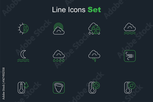 Set line Thermometer, Tornado, Wind, Cloud and lightning, with rain and Night fog smoke icon. Vector