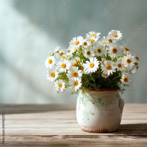 Wallpaper Mural Daisies bloom in vase on wood table with shadows. Decor, gift, backdrop Torontodigital.ca