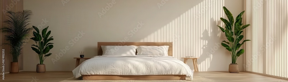 Obraz premium A serene bedroom featuring a wooden bed, light bedding, and potted plants, with natural light casting shadows from vertical blinds.