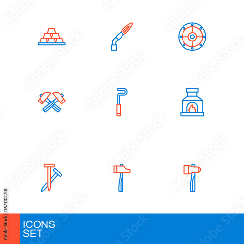 Set line Hammer, Metallic nails, Blacksmith oven, Crossed hammer, Fire poker, Round shield and Welding torch icon. Vector