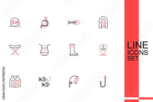 Set line Fisherman, Fishing rod and fish, hook with, jacket, boots, net and harpoon icon. Vector