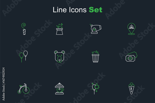 Set line Ice cream in waffle, Balloons with ribbon, Attraction carousel, Vintage bicycle, Circus ticket, Popcorn cardboard box, Bear head and icon. Vector