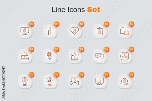 Set line 8 March in speech bubble, Woman shoe, Envelope with, Heart and King crown icon. Vector