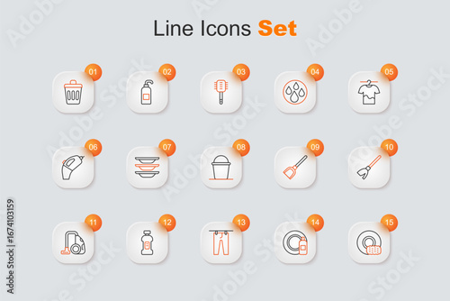 Set line Washing dishes, Dishwashing bottle and plate, Drying clothes, Bottle for detergent, Vacuum cleaner, Handle broom, Dustpan and Bucket icon. Vector