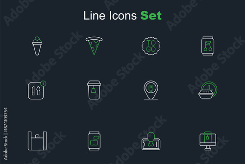 Set line Online ordering food, Food on mobile, Soda can, Round the clock delivery, Cafe and restaurant location, Cup of tea and icon. Vector