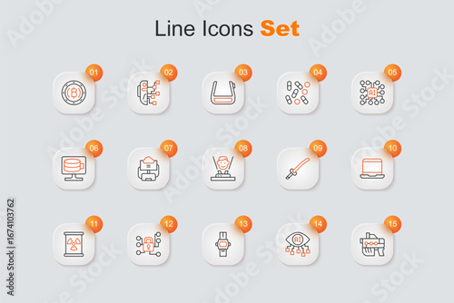 Set line Futuristic weapon, Computer vision, Wrist watch, Cyber security, Radioactive waste in barrel, Laptop, Katana and Hologram icon. Vector