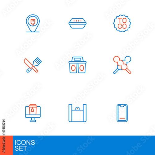 Set line Food ordering on mobile, Online food, Meatballs wooden stick, Crossed knife and fork, Coffee cup to go, and Lunch box icon. Vector