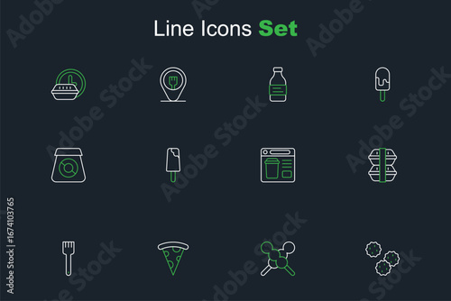 Set line Cookie or biscuit, Meatballs on wooden stick, Slice of pizza, Fork, Lunch box, Online ordering food, Ice cream and icon. Vector