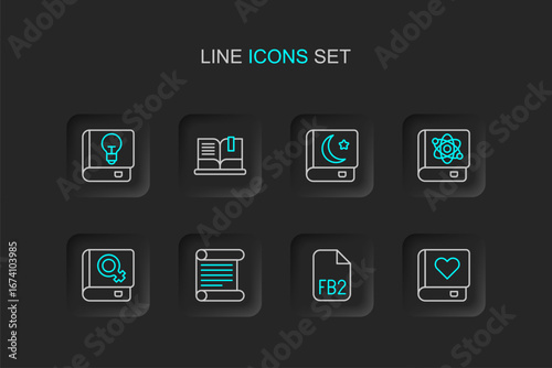Set line Romance book, FB2 File, Decree, parchment, scroll, Book about women, physics, Holy of Koran, Open and User manual icon. Vector