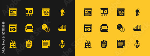 Set Light bulb with dollar, Contract money, Time is, Notebook, Envelope, Monitor, Resume and Board graph icon. Vector