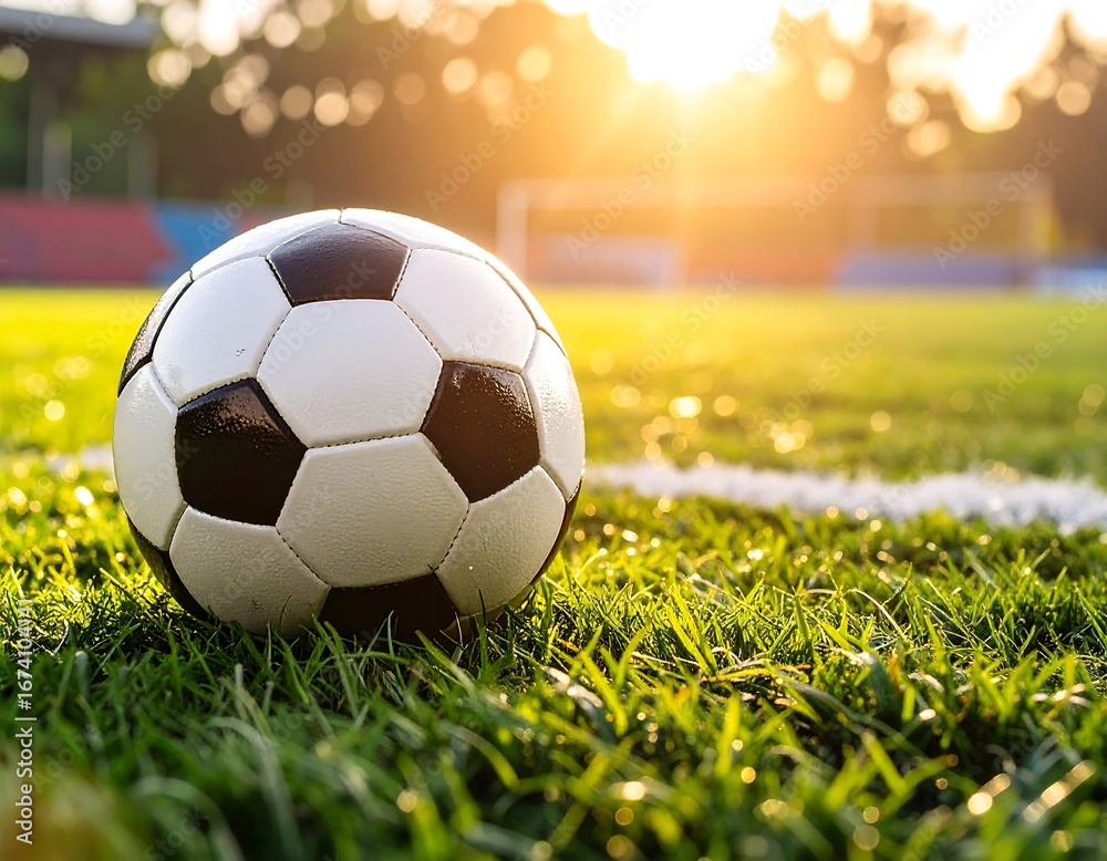 Obraz premium A close-up view of a soccer ball resting on a green grassy field, illuminated by warm sunlight.