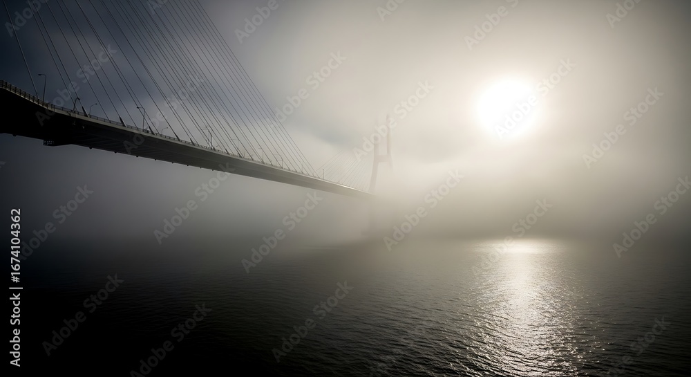 Fototapeta premium Vectore illustration of a flock of birds flies over a bridge shrouded in thick fog with the sun shining through