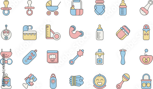 Colorful baby care icons arranged in a grid infant
