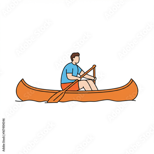 Vibrant linear illustration depicting a person enjoying a peaceful solo canoe trip on tranquil water, highlighting themes of summer recreation, outdoor hobbies, and serene natural exploration