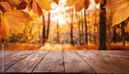 empty wooden table top with a beautiful blurred autumn forest background sunny fall nature scene with orange leaves perfect for product display or mockup
