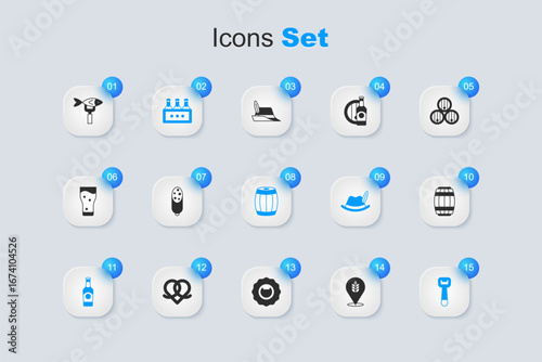 Set Wheat, Salami sausage, Pack of beer bottles, Beer, Bottle opener, Wooden barrel, Dried fish and icon. Vector