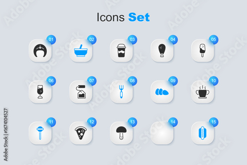 Set Burger, Tea bag, Mortar and pestle, Lollipop, Hotdog, Bowl of hot soup, Fish steak and Fork icon. Vector
