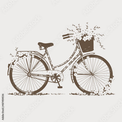 Brown illustration of a bicycle with delicate floral decorations