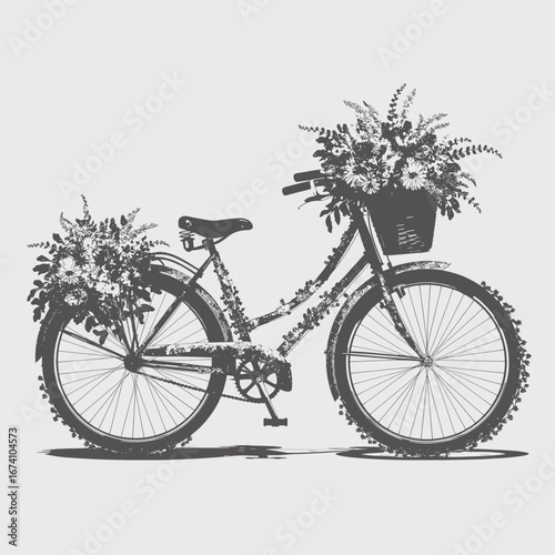 Vintage bicycle adorned with abundant floral arrangements