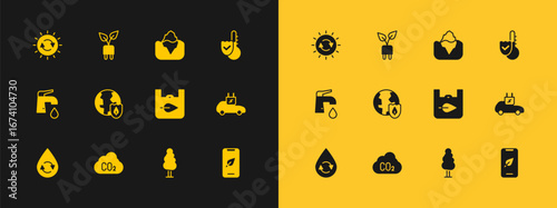 Set Thermometer, CO2 emissions in cloud, Shopping bag with recycle, Tree, Earth shield, Iceberg, Solar energy panel and Electric saving plug leaf icon. Vector