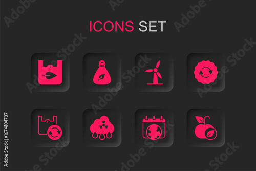 Set Acid rain radioactive cloud, Garbage bag, Shopping with recycle, World Earth day, Recycle symbol, Apple, Wind turbine and icon. Vector