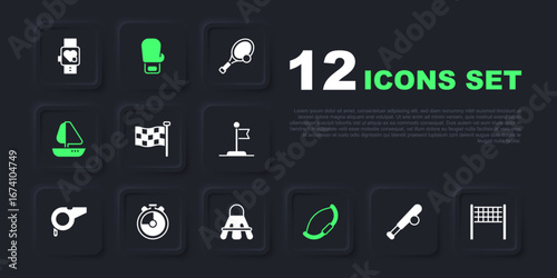 Set Baseball bat with ball, Volleyball net, Checkered flag, Medieval bow, Yacht sailboat, Stopwatch, Boxing glove and Badminton shuttlecock icon. Vector