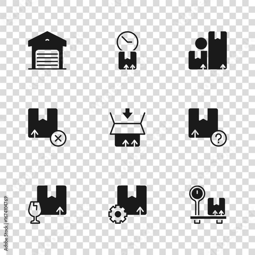 Set Gear with package box, Carton cardboard, Scale, Warehouse, Cardboard clock and icon. Vector