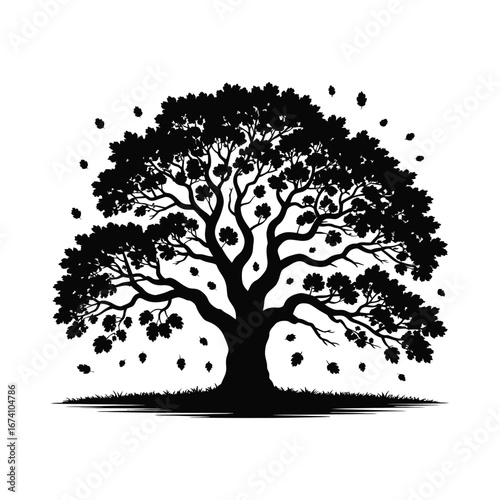 Falling Leaves Tree Silhouette Illustration for Autumnal and Nature-Themed Art
