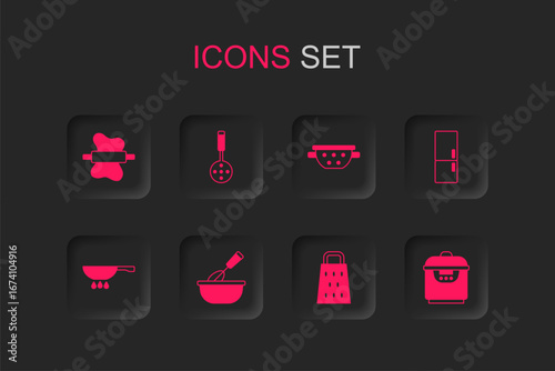 Set Cooking whisk with bowl, Spatula, Rolling pin on dough, Grater, Refrigerator, Slow cooker, Kitchen colander and Frying pan fire icon. Vector