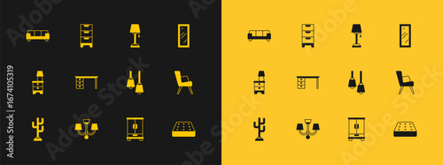 Set Big full length mirror, Chandelier, Lamp hanging, Wardrobe, Office desk, Floor lamp, Sofa and Chest drawers icon. Vector