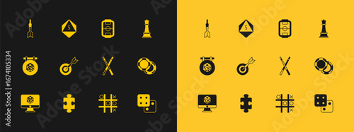Set Chess, Puzzle pieces toy, Crossed billiard cues, Tic tac toe game, Classic dart board and arrow, Table football, Dart and Game dice icon. Vector