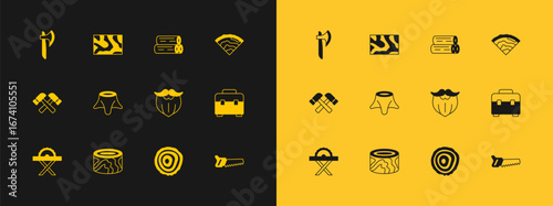 Set Wooden beam, logs, Mustache and beard, Tree rings, stump, axe and icon. Vector