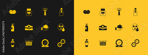 Set Bottle of liquid soap, Makeup powder with mirror, Shaving foam on hand, Acne, razor, Smiling lips and Perfume icon. Vector