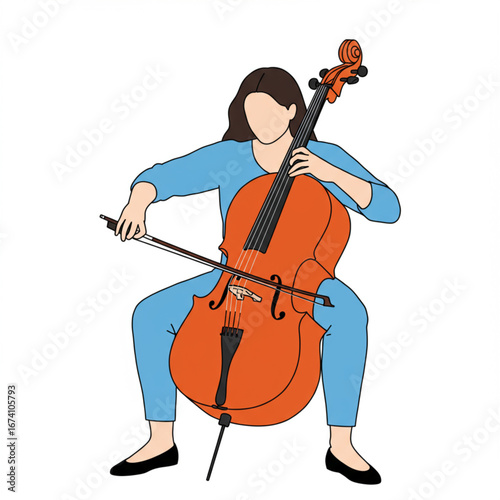 Flat illustration of a dedicated musician gracefully playing a cello, highlighting the beauty of classical string music and the artistry of instrumental performance