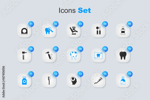 Set Tube of toothpaste, Tooth drill, Broken, Toothache painkiller tablet, Mouthwash, Dental floss and icon. Vector